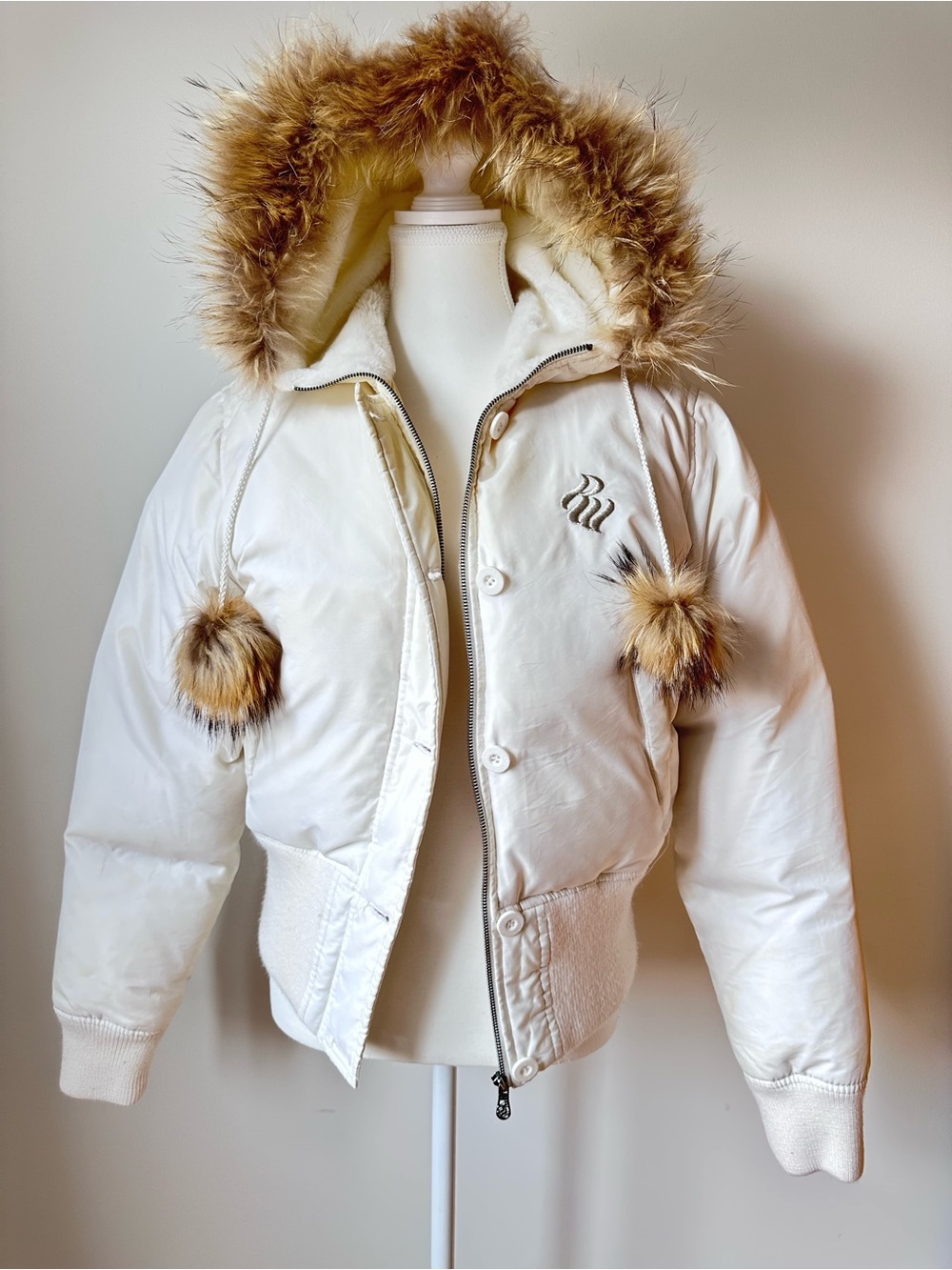 Vintage Y2K Rocawear Gold Embroidered Down Puffer Jacket Faux Fur Trim - M